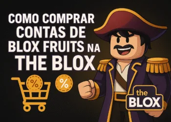 Banner promocional com personagem de Blox Fruits, carrinho de compras e o texto “Como Comprar Contas de Blox Fruits na The Blox”.