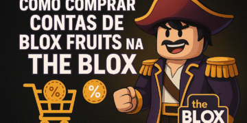 Banner promocional com personagem de Blox Fruits, carrinho de compras e o texto “Como Comprar Contas de Blox Fruits na The Blox”.