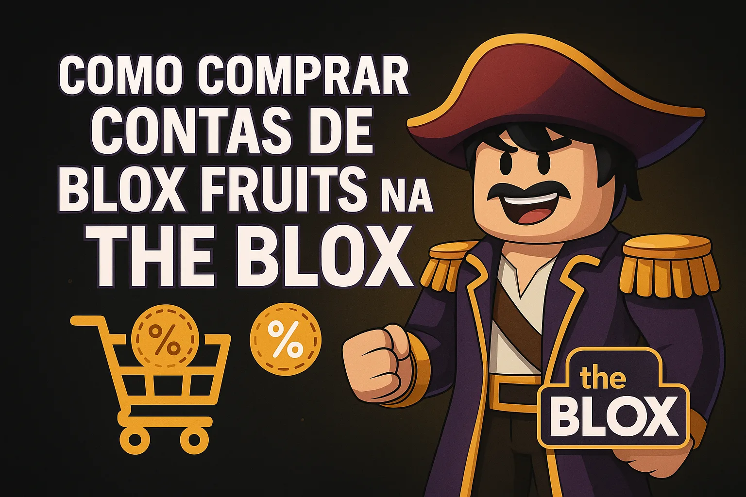 Banner promocional com personagem de Blox Fruits, carrinho de compras e o texto “Como Comprar Contas de Blox Fruits na The Blox”.