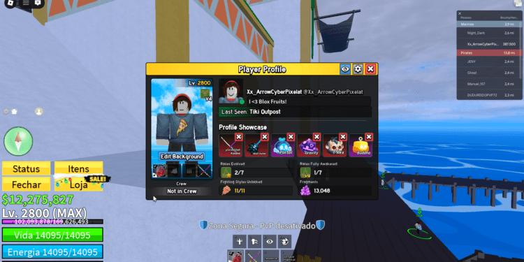 Exemplo de conta de Blox Fruits level max (nível 2800) liberada pela The Blox