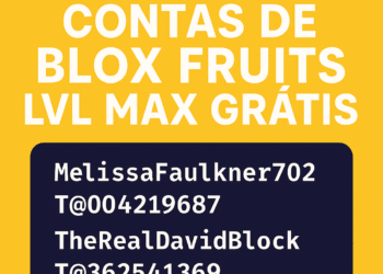 Banner promocional com fundo amarelo mostrando contas de Blox Fruits nível máximo grátis.