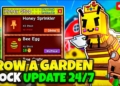 Painel ao vivo “Grow a Garden Stock Live” mostrando pets raros, sementes exclusivas e gamepasses disponíveis na THE BLOX