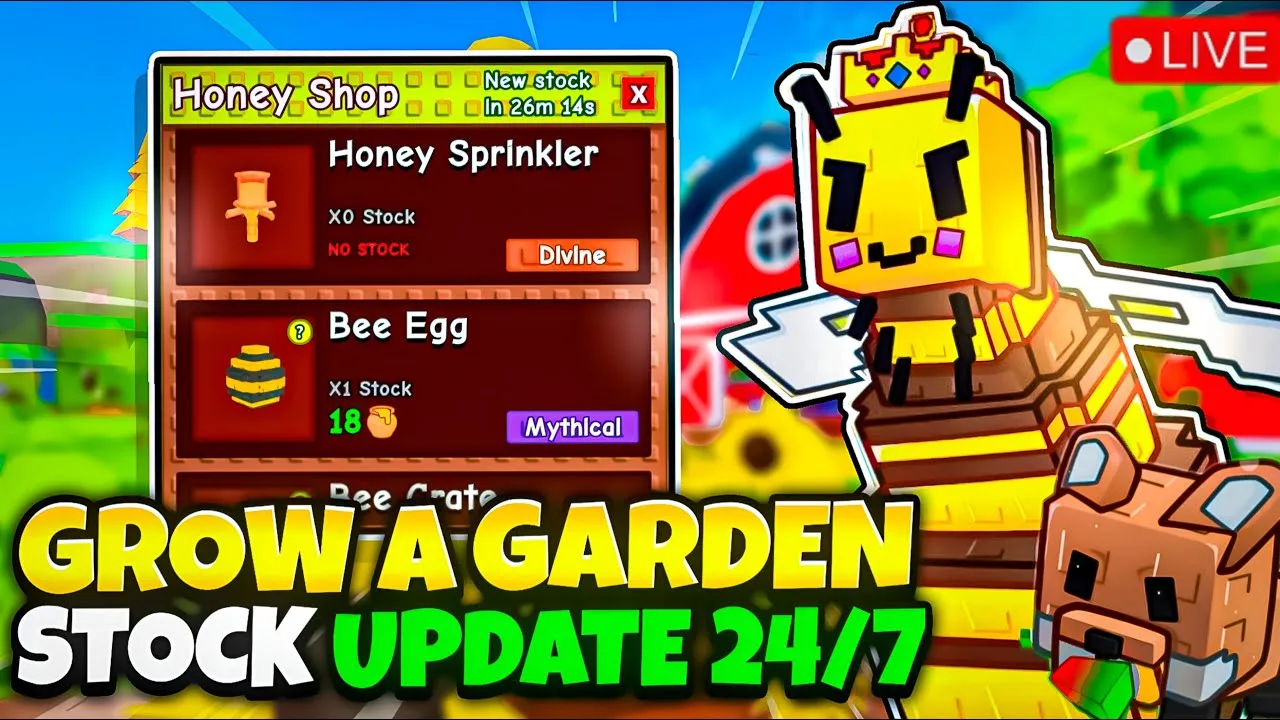 Painel ao vivo “Grow a Garden Stock Live” mostrando pets raros, sementes exclusivas e gamepasses disponíveis na THE BLOX