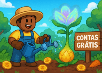 Avatar de Roblox regando planta rara em Grow A Garden ao lado de placa “CONTAS GRÁTIS”