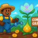 Avatar de Roblox regando planta rara em Grow A Garden ao lado de placa “CONTAS GRÁTIS”